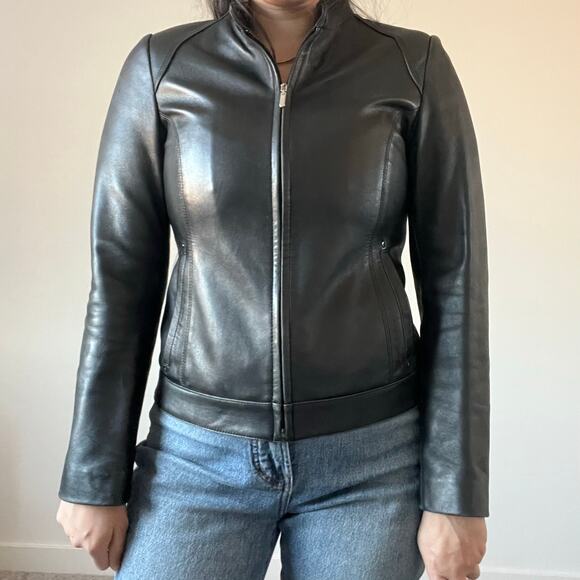 100% Lambskin Leather Black Fitted Jacket Grunge Biker Moto Jacket - Picture 4 of 15